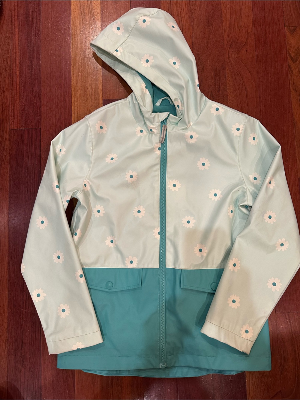 Cat & Jack Mint Floral Hooded Rain Jacket with Teal Accent